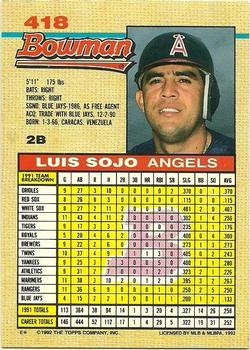 1992 Bowman #418 Luis Sojo Back
