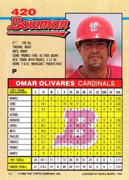 1992 Bowman #420 Omar Olivares Back