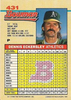1992 Bowman #431 Dennis Eckersley Back
