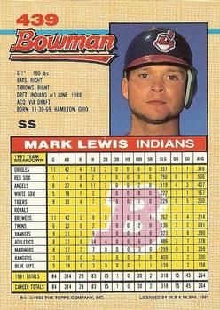 1992 Bowman #439 Mark Lewis Back