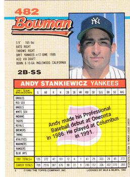 1992 Bowman #482 Andy Stankiewicz Back
