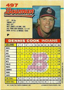 1992 Bowman #497 Dennis Cook Back