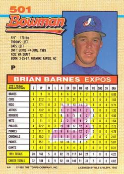 1992 Bowman #501 Brian Barnes Back
