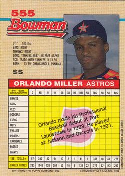 1992 Bowman #555 Orlando Miller Back