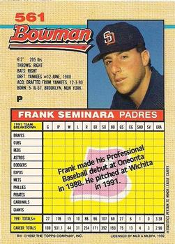 1992 Bowman #561 Frank Seminara Back