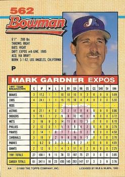 1992 Bowman #562 Mark Gardner Back