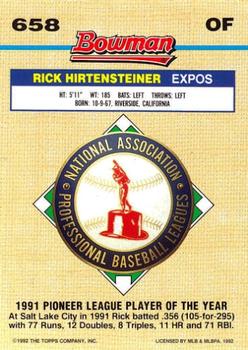 1992 Bowman #658 Rick Hirtensteiner Back