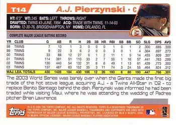 2004 Topps Traded & Rookies #T14 A.J. Pierzynski Back