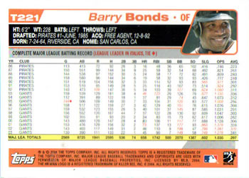 2004 Topps Traded & Rookies #T221 Barry Bonds Back