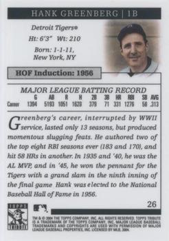 2004 Topps Tribute HOF #26 Hank Greenberg Back