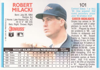 1992 Donruss #101 Bob Milacki Back