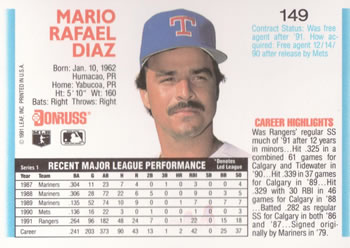 1992 Donruss #149 Mario Diaz Back
