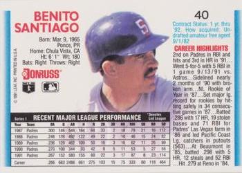 1992 Donruss #40 Benito Santiago Back