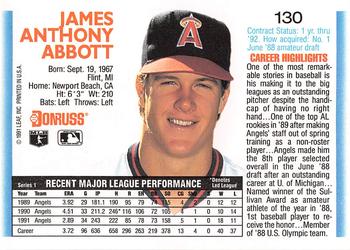 1992 Donruss #130 Jim Abbott Back