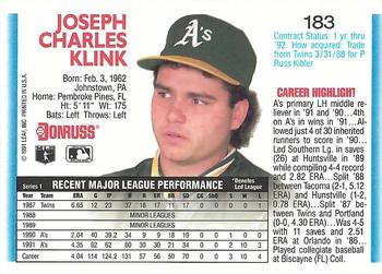 1992 Donruss #183 Joe Klink Back