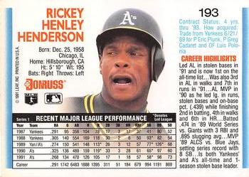 1992 Donruss #193 Rickey Henderson Back