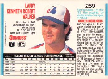 1992 Donruss #259 Larry Walker Back