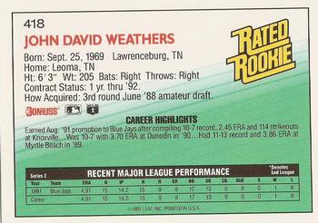 1992 Donruss #418 David Weathers Back