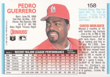 1992 Donruss #158 Pedro Guerrero Back