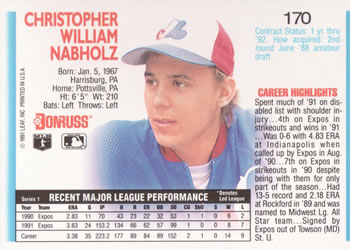 1992 Donruss #170 Chris Nabholz Back