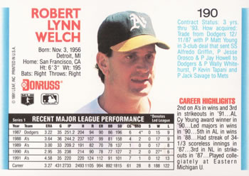 1992 Donruss #190 Bob Welch Back