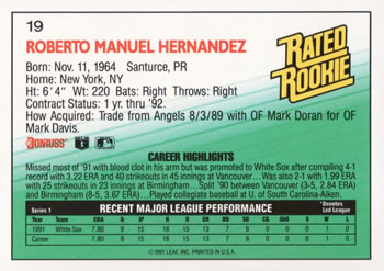 1992 Donruss #19 Roberto Hernandez Back
