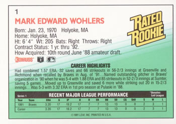 1992 Donruss #1 Mark Wohlers Back