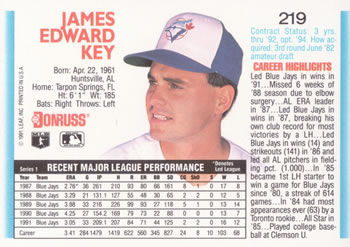 1992 Donruss #219 Jimmy Key Back