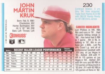 1992 Donruss #230 John Kruk Back