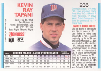 1992 Donruss #236 Kevin Tapani Back