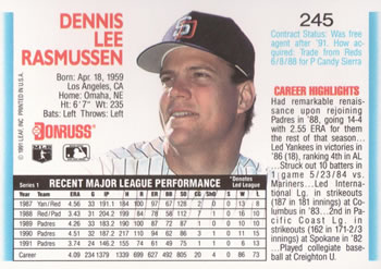 1992 Donruss #245 Dennis Rasmussen Back
