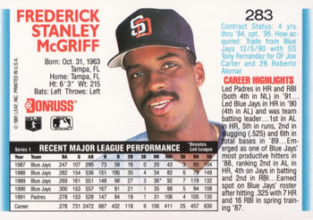 1992 Donruss #283 Fred McGriff Back