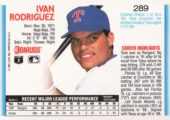 1992 Donruss #289 Ivan Rodriguez Back