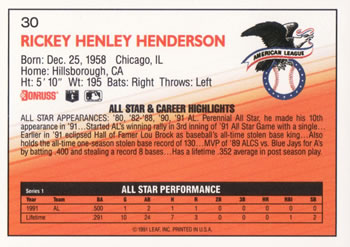 1992 Donruss #30 Rickey Henderson Back