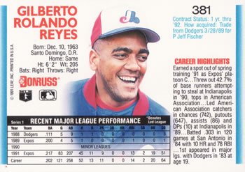 1992 Donruss #381 Gilberto Reyes Back
