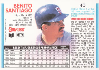 1992 Donruss #40 Benito Santiago Back