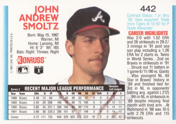 1992 Donruss #442 John Smoltz Back