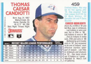1992 Donruss #459 Tom Candiotti Back