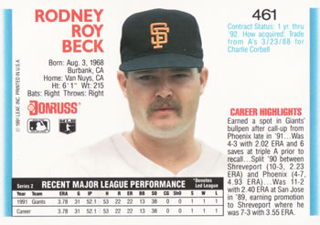 1992 Donruss #461 Rod Beck Back