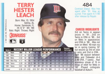 1992 Donruss #484 Terry Leach Back