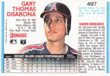 1992 Donruss #497 Gary DiSarcina Back