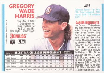1992 Donruss #49 Greg Harris Back