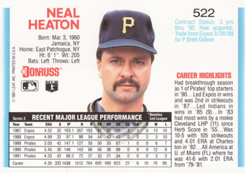 1992 Donruss #522 Neal Heaton Back