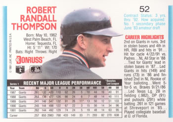 1992 Donruss #52 Robby Thompson Back