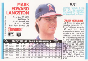 1992 Donruss #531 Mark Langston Back