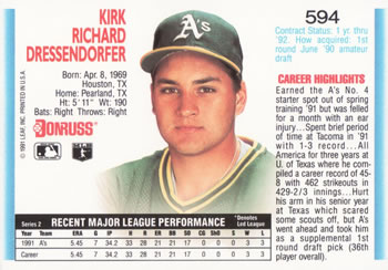 1992 Donruss #594 Kirk Dressendorfer Back