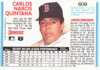 1992 Donruss #609 Carlos Quintana Back