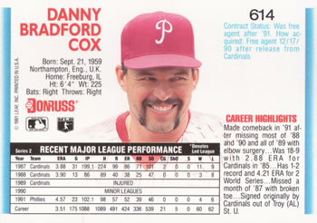 1992 Donruss #614 Danny Cox Back