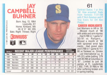 1992 Donruss #61 Jay Buhner Back