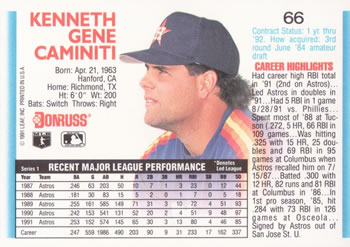 1992 Donruss #66 Ken Caminiti Back